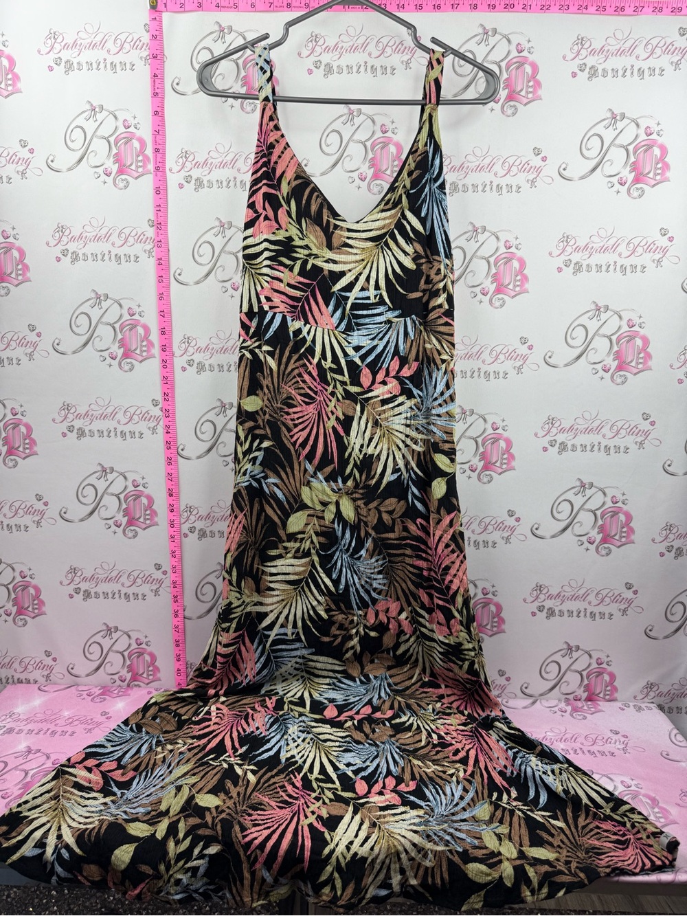 Hurley dress maxi long Black Tropical with Pink, Blue & Yellow Leaf Print tiki